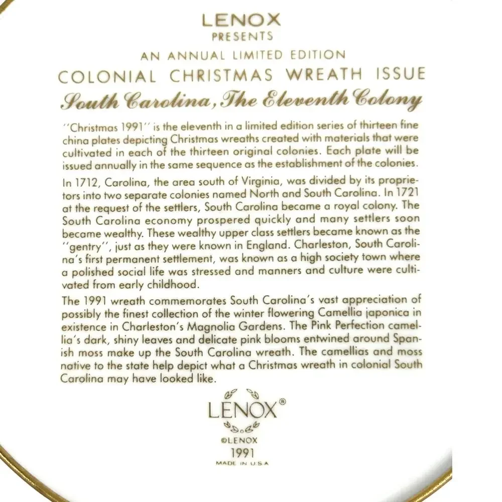 Lenox Limited Edition 1991 and 1992 Colonial Christmas Wreath Issue-Set of 2